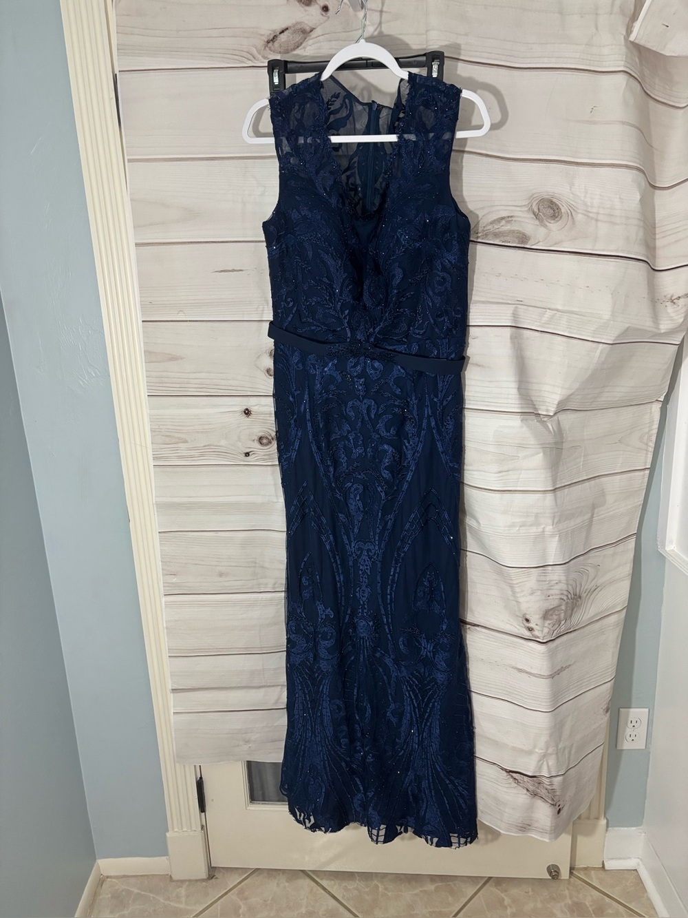 Montage by Mon Cheri Navy Lace Maxi Dress